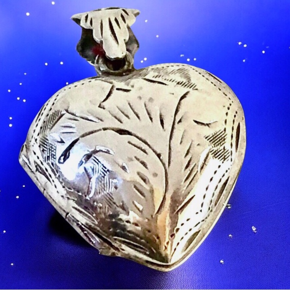 Vintage Sterling Silver Etched Puffy Heart LOCKET Pendant Signed RM Opens
